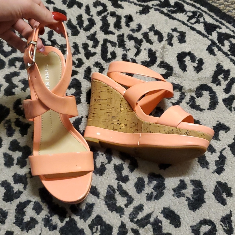 Ankle wrap wedges, peach/cork, lightly used